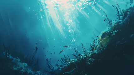 Fototapeta na wymiar Underwater scene with sun rays filtering through