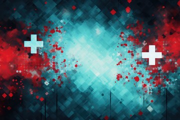 Switzerland flag on abstract blue and red background. Abstract blue background with red and white crosses. Abstract background March: Red Cross Month