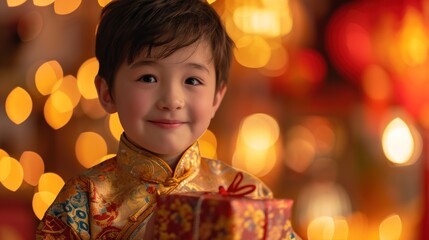 A Chinese boy wears the national costume or cheongsam with a red Chinese lantern in the background. Smile and wish you a Happy New Year.