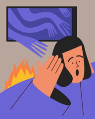 Girl with panic watching Bad News on TV. Negative emotions from the news. Flat vector illustration.