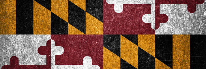 Close-up of the grunge Maryland State flag. Dirty Maryland State flag on a metal surface.