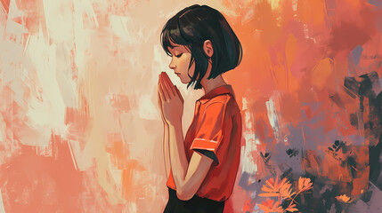 Illustration of a young girl praying with abstract background