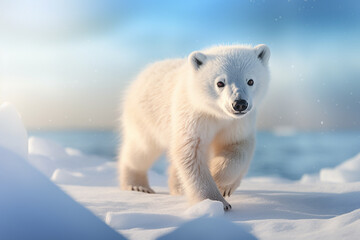 Generative AI Image of Cute Baby Polar Bear Walking on Frozen Ice in Winter