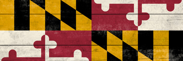 Maryland State flag on a wooden surface. Banner of the grunge Maryland State flag.