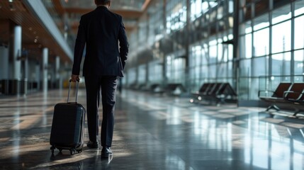 Male businessman in the airport Carrying a suitcase ready to start a business trip