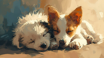 Digital Painting of Two Puppies Sleeping Together