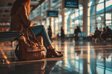 woman business in the airport Carrying a suitcase ready to start a business trip