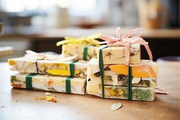 Naklejka na ściany i meble cannabis-infused soap bars wrapped in recycled paper
