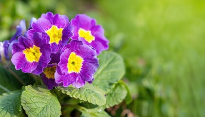 Primrose flower  green natural background   with copy space