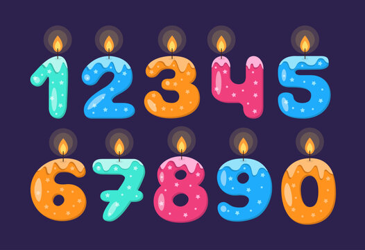 Birthday Candles Numbers Glowing. Cute Kids Party Typo. Children Funny Numbers Lighted Candle.