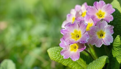 Primrose flower  green natural background   with copy space