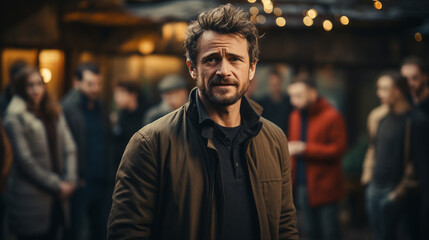 Sad angry man in public place