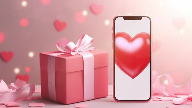 smartphone mock up valentine theme love heart shape with gift box and flying hearts background. seamless looping overlay 4k virtual video animation background 