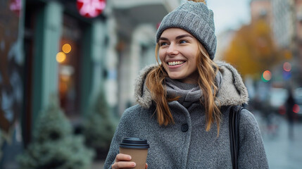 Happy young woman with a smile in a gray vintage coat with a knitted cap with coffee walking outdoors in the city. Made with generative ai - obrazy, fototapety, plakaty