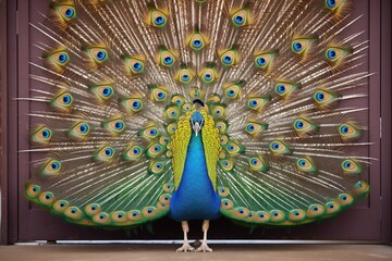 Obraz premium a peacock displaying feathers at an entry