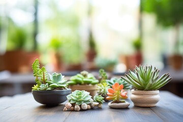 close-up of various succulents on wooden table