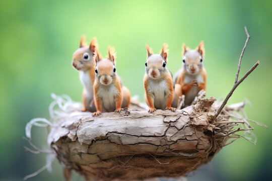 dynamic shot of multiple squirrels around a nest