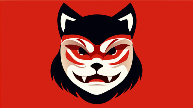 Japanese Style Fox Mask Illustration, Kitsune Mask.