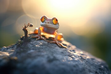 gecko on a rock with an insect in its mouth as the sun sets