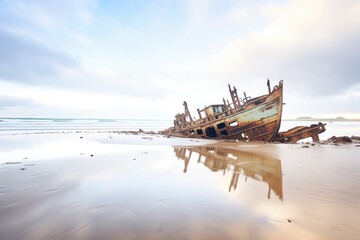 derelict shipwreck on a deserted beach with waves crashing