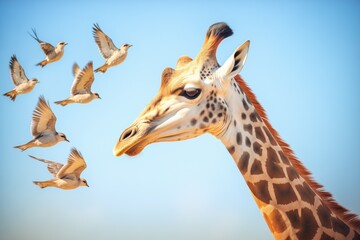 flock of birds flying over giraffe family with newborn