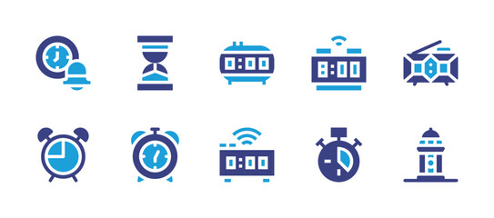 Clock icon set. Duotone color. Vector illustration. Containing sand timer, smart clock, alarm clock, clock, digital clock, clock tower.