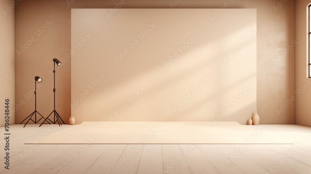 Poster empty stage light on beige background. mock up product display with generative ai.
