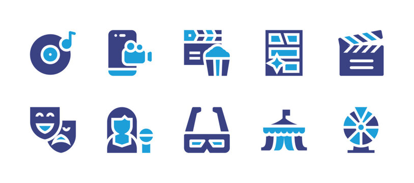 Entertainment icon set. Duotone color. Vector illustration. Containing lp, cinema, film, record, comic, mask, d glasses, lottery, singer, circus.