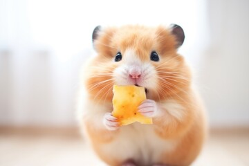 furry hamster holding a bit of cheese