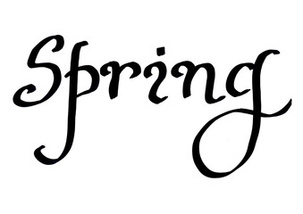 Fototapeta na wymiar The word Spring in black on a white background. Handwritten font, calligraphy, lettering. Rounded letters. Italics.