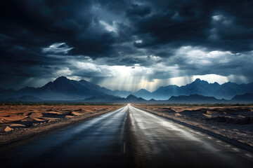 Naklejka premium An empty highway perspective under dramatic stormy sky, travel background, low angle view