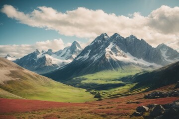 Panorama snow mountain spring landscape cloudy weather vibrant bright colors beautiful scenary vale...