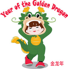 Vector cartoon man and woman wearing dragon mascot costumes