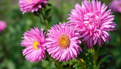 Aster flowering in the garden  with copy space