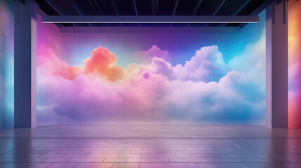 Empty beautiful background with interior for advertising and presentation design. Image for selling goods on the website and marketplaces. Epic volumetric clouds, neon lighting. Multicolored gradient.