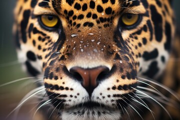 extreme close-up of a jaguars face focusing on its eyes - obrazy, fototapety, plakaty