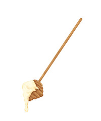 Digital watercolor whipped honey dripping from a honey ladle is highlighted on a white background. Thick honey dripping from a wooden honey spoon. The concept of healthy eating and diet.