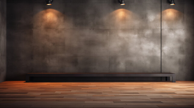 Empty beautiful background with interior for advertising and presentation design. Image for selling goods on the site. Concrete texture wall, parquet, lamps, Loft style. Orange backlight.
