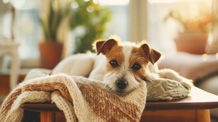 A cute dog on a table, embodying a cozy, hygge concept. Ample copy space