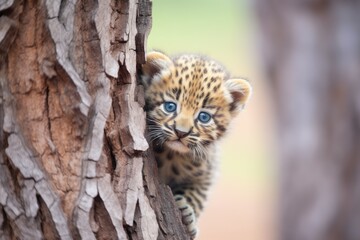 young leopard cub peeking from behind trunk