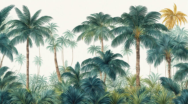 Palm trees in a jungle forest. decorative watercolor painting, landscape.