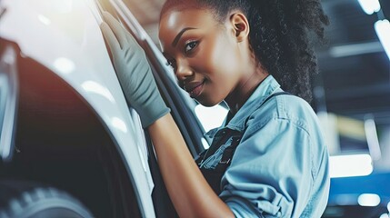 In the heart of the manufacturing process, women display exceptional skill and precision as they contribute to the creation of each car, underscoring their invaluable role in automotive production. - obrazy, fototapety, plakaty