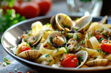 Seafood Pasta Delight with Clams and Cherry Tomatoes in a Herbed Sauce