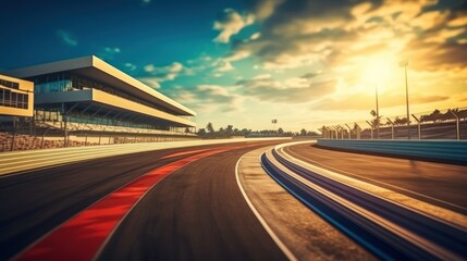 F1 race track circuit road with motion blur and grandstand stadium for Formula One racing. - obrazy, fototapety, plakaty