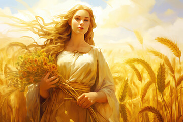 
Illustration of Demeter, goddess of the harvest, amidst a bountiful field of golden wheat, with a cornucopia in her hands - obrazy, fototapety, plakaty