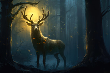 Mystical wild deer stands in the light of the moon in a dense forest
