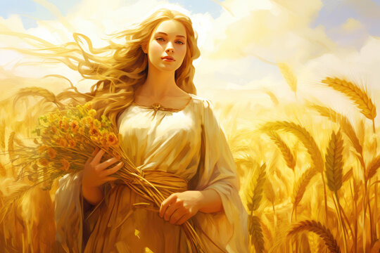 
Illustration of Demeter, goddess of the harvest, amidst a bountiful field of golden wheat, with a cornucopia in her hands