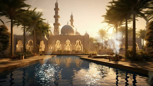 Magnificent mosque building with a natural atmosphere. seamless time lapse looping virtual 4k video animation background. Generated with AI