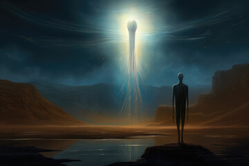 
Mystical illustration of a tall, slender alien with elongated limbs and a shimmering aura, standing in an ethereal landscape - obrazy, fototapety, plakaty