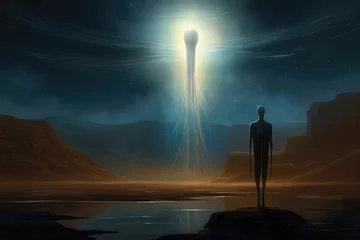 Fotobehang  Mystical illustration of a tall, slender alien with elongated limbs and a shimmering aura, standing in an ethereal landscape © Hanna Haradzetska